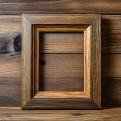 a wooden picture frame against a wooden background, highlighting the rich textures and natural grains of the wood.