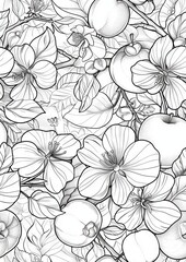 Obraz premium Detailed black and white line drawing of apple blossoms, leaves, and apples