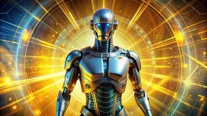 A futuristic digital illustration of a sleek metallic robot with glowing blue light accents set against a bright yellow background with abstract tech patterns.