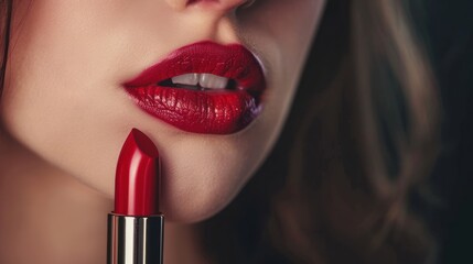 Obraz premium Close-up of a woman's lips with red lipstick. Concept of beauty, cosmetics, makeup, and glamour.