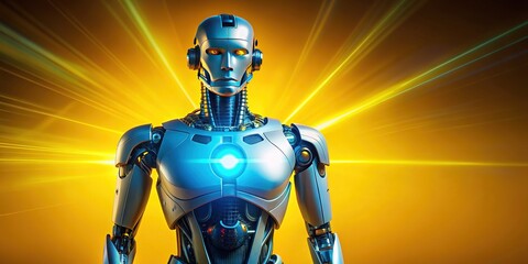 Fototapeta premium A futuristic robot stands alone, glowing bright blue light from its chest, set against a vibrant yellow background, evoking a sense of innovation and technology.