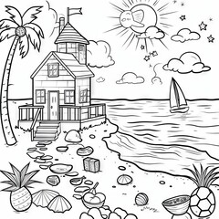 Fototapeta premium A black and white illustration depicts a small cottage with a porch overlooking a beach with a palm tree, seashells, a sailboat, and a starry sky