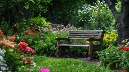 Naklejka premium A tranquil garden with a bench and blooming flowers, representing peaceful happiness
