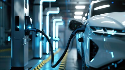 Power supply connected to electric vehicle charge battery. EV charging station for electric car or Plug-in hybrid car. Automotive innovation and technology concepts