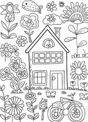 A simple line drawing of a house, flowers, and a bicycle, all surrounded by a garden