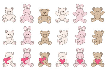 Obraz premium かわいいくまとうさぎとねこのぬいぐるみのベクターイラスト アイコン セット ハート 動物