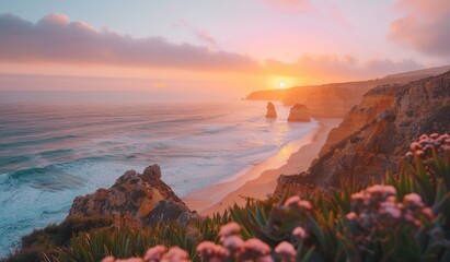 Breathtaking aerial view of a sandy beach with cliffs alongside it, tourist spot, scenic view, sunset