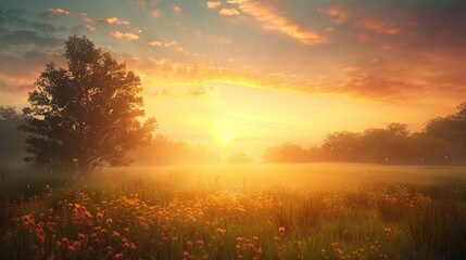 A vibrant sunrise over a peaceful meadow, symbolizing a fresh start and happiness