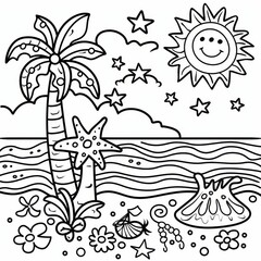 A cheerful sun smiles down on a sandy beach lined with palm trees and a starfish, with waves lapping at the shore and a variety of flowers and seashells scattered around