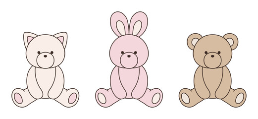 かわいいくまとうさぎとねこのぬいぐるみのベクターイラスト　アイコン　セット　動物