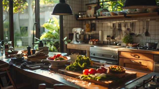 A warm and inviting kitchen with delicious food being prepared, symbolizing the joy of cooking