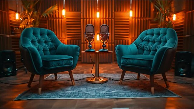 This Two teal velvet armchairs face each other in a studio, table with two microphones.