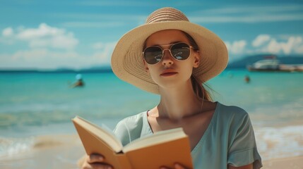 Fototapeta premium A young woman in a sunhat and sunglasses, enjoying a relaxing day at the beach with a book