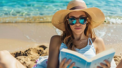 A young woman in a sunhat and sunglasses, enjoying a relaxing day at the beach with a book