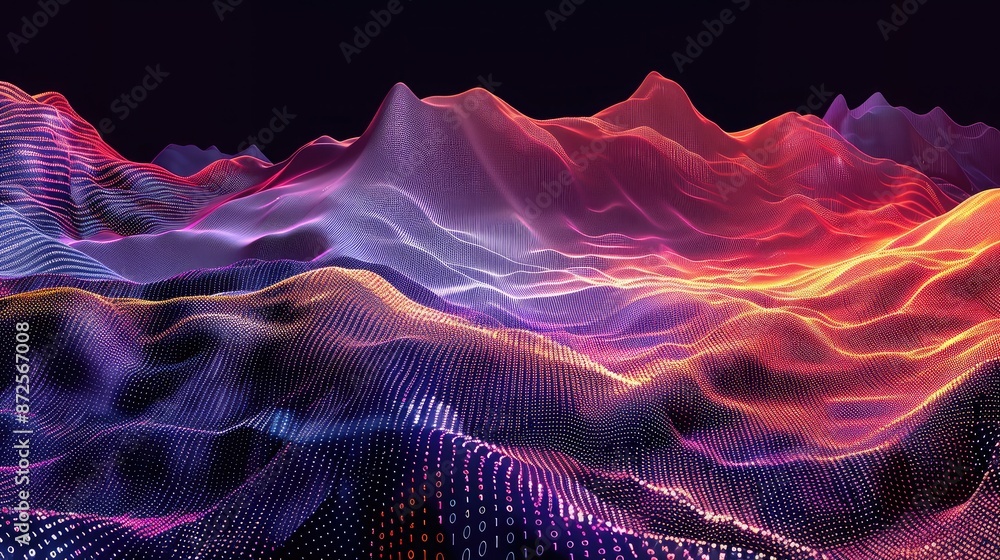 Poster an abstract digital landscape with flowing binary code streams