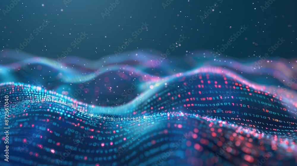 Poster an abstract digital landscape with flowing binary code streams