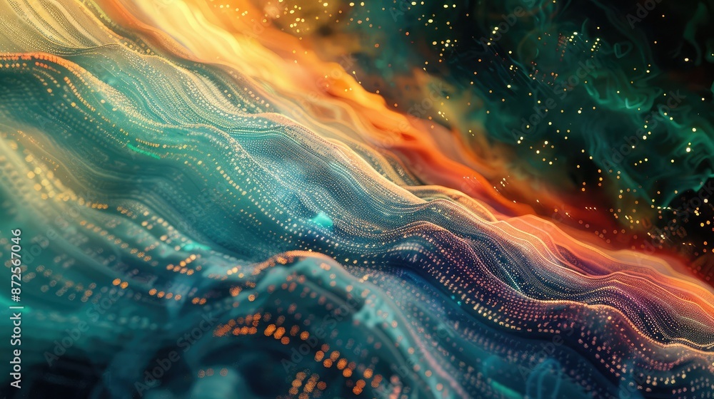 Poster an abstract digital landscape with flowing binary code streams