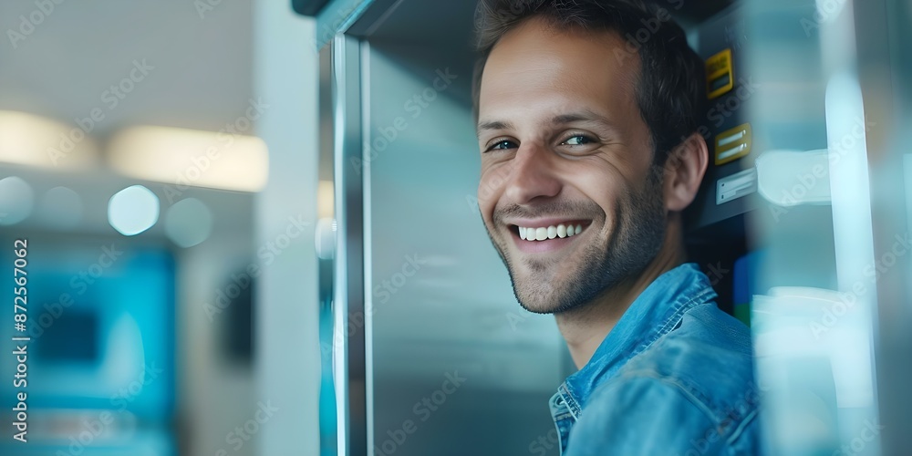 Poster man smiling while using atm for banking services. concept banking services, atm usage, technology, c