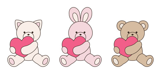 かわいいくまとうさぎとねこのぬいぐるみのベクターイラスト　アイコン　セット　ハート　動物
