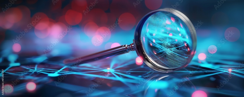 Aufkleber digital magnifying glass on a network background symbolizing technology, cybersecurity, and data ana