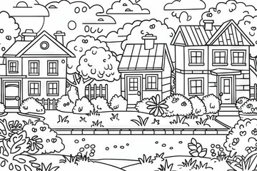 Obraz premium A black and white illustration of a suburban neighborhood, featuring charming houses, lush greenery, and a sidewalk