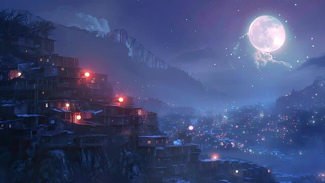 Moonlit Serenity: The Enchanting Beauty of a Small Town at Night. Seamless looping time-lapse virtual 4k video animation background