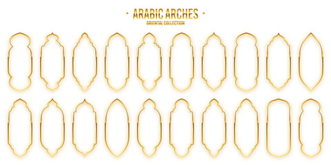 Islamic frames, oriental style. Golden arabic shapes, windows and arches. Traditional ornamental banner, frame. Muslim holidays, Ramadan Kareem. Modern eastern architecture. Vector illustration