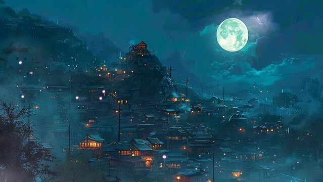 Lunar Lullaby: The Tranquil Allure of a Moonlit Small-TownScape. Seamless looping time-lapse virtual 4k video animation background