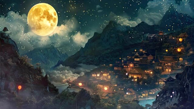 Nocturnal Splendor: The Captivating Allure of a Moonlit Small Town. Seamless looping time-lapse virtual 4k video animation background