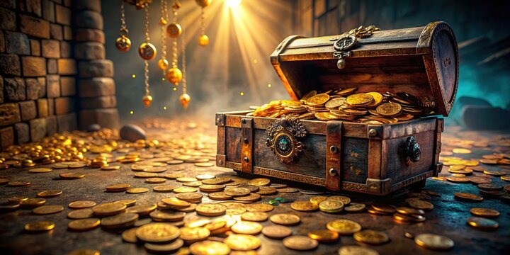 Treasured riches spilled from a worn, ancient chest, golden coins and jewels scattering across a weathered, mysterious stone floor, surrounded by dimly lit, eerie ambiance.