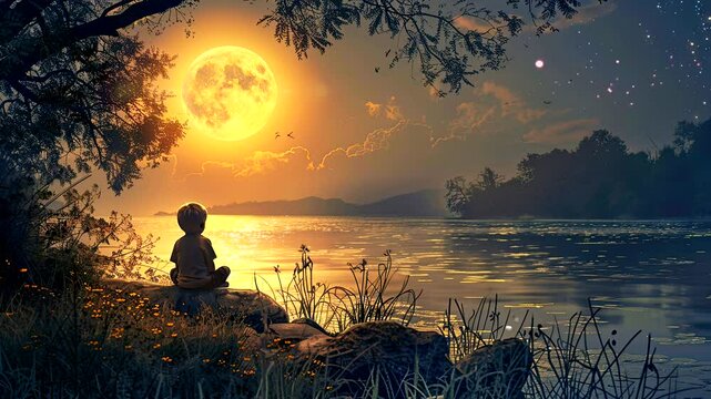 Riverside Reverie: A Child Spellbound by the Lunar Luminance. Seamless looping time-lapse virtual 4k video animation background