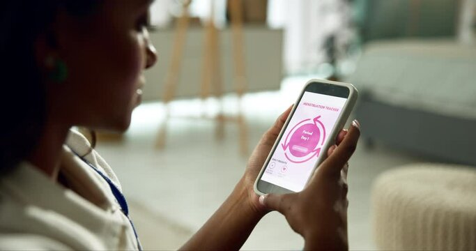 Girl, hands and phone screen with period or menstrual cycle for update, time and day of hormonal phase at home. Closeup of woman or female person with mobile smartphone display for ovulation or app
