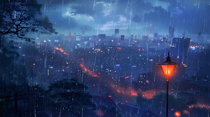 Fototapeta premium Cityscape in the rain with a red street lamp