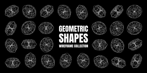 Wireframe lined shapes. Perspective mesh, 3d grid. Low poly geometric elements. Retro futuristic design elements, y2k, vaporwave and synthwave style. Vector illustration