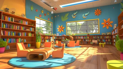 A bright, cheerful library with sleek furniture and vibrant decorations