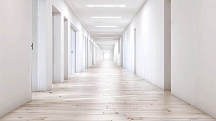 Fototapeta premium A clean and empty school corridor with white walls and light wooden flooring