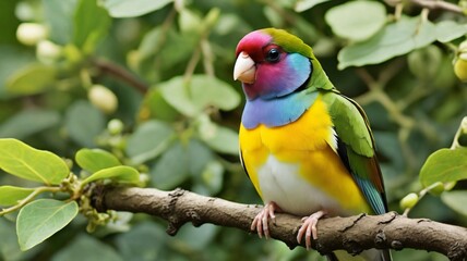 A Gouldian finch is perched on a tree branch with lots of green leaves, contrasting with the color of its wings