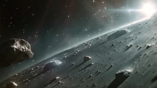 This artists depiction of Chariklo, a centaur asteroid with two rings, and a passing asteroid.