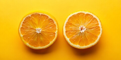 Fototapeta premium Two Orange Slices on Yellow Background - Fresh Fruit, Citrus, Vitamins, Healthy, Food
