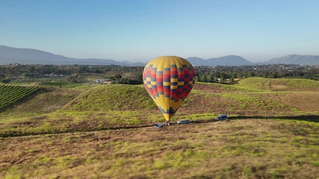Colorful Hot Air Balloon In Temecula, California - Drone Shot