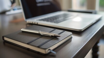 A clean desk setup featuring a laptop, a notebook, and a single pen