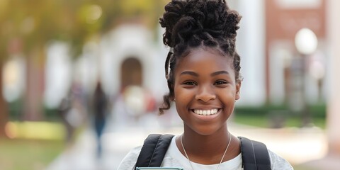 Happy African American female student with books on diverse college campus. Concept Education, Diversity, Happy Student, African American, College Campus