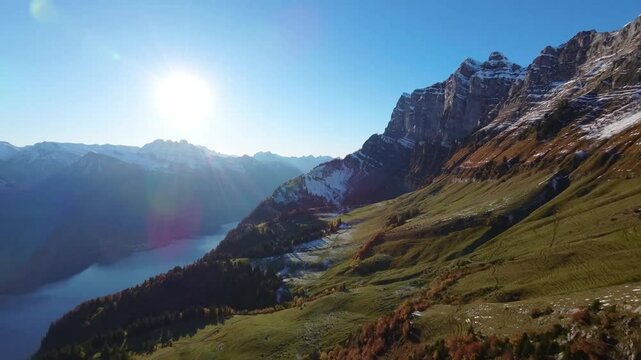 Drone Aerial Flight Over Switzerland Lake