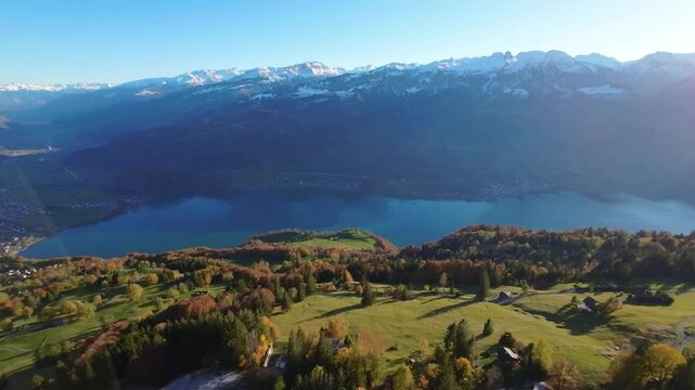 Drone Aerial Flight Over Switzerland Lake
