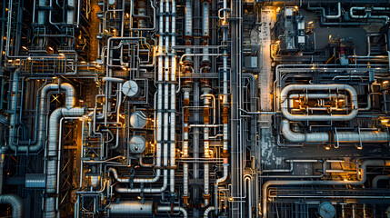 Expansive labyrinthine system of pipelines and valves coursing through the heart of a bustling high capacity oil refinery facility  Aerial drone footage captures the intricate