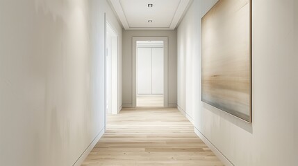 A hallway with white walls, light wooden flooring, and a single piece of art