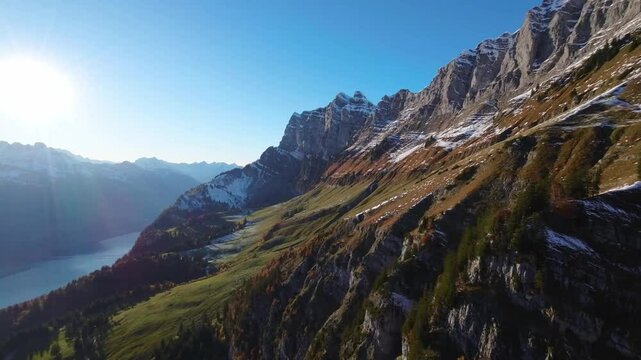 Drone Aerial Flight Over Switzerland Lake