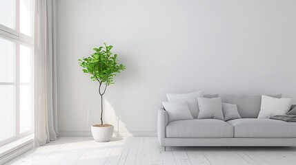 A living room with clean white walls, a grey sofa, and a single green plant