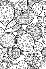 A close-up black and white illustration featuring intricate details of strawberries and stylized floral elements