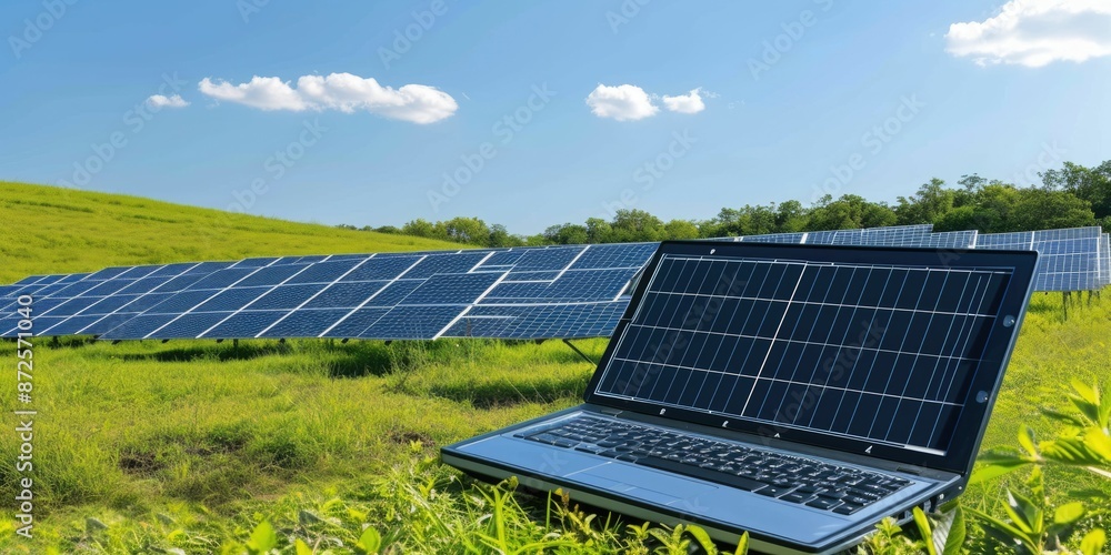 Poster skilled engineer working and analyze data by using laptop at solar cell. professional technician and